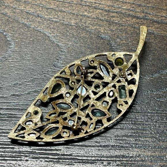 LARGE Multi Color Rhinestone Brass Color Leaf Brooch Pin 3” Fall Jewelry - Picture 7 of 8